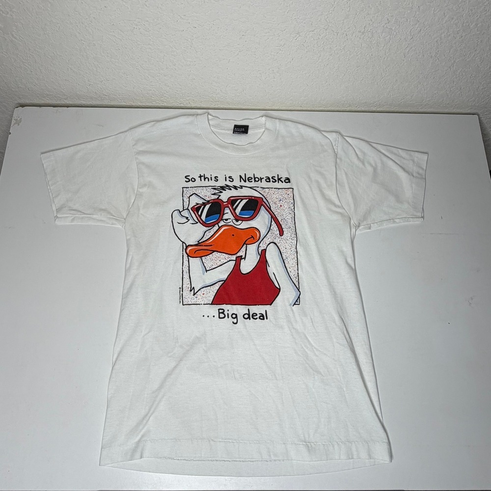Vintage 90s So This Is Nebraska Big Deal Duck T-Shirt White L